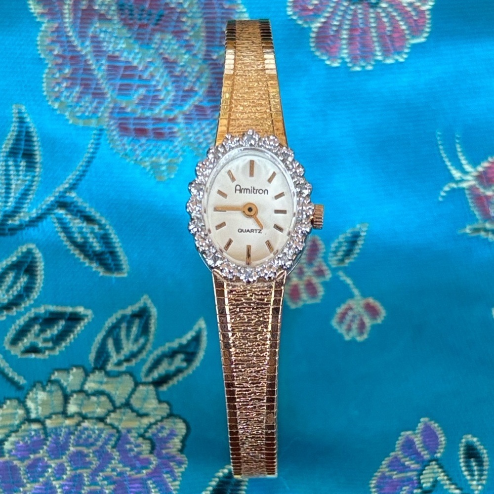 Vintage Armitron Gold Tone Oval Diamond Bezel Quartz Watch Dainty Cocktail 80s